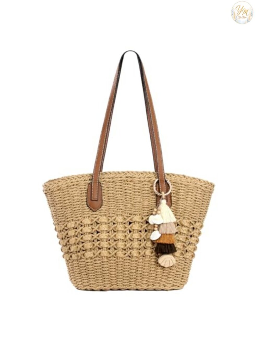 RUNROLE Raffia Straw Tassel Charm Tote Bag Handbag